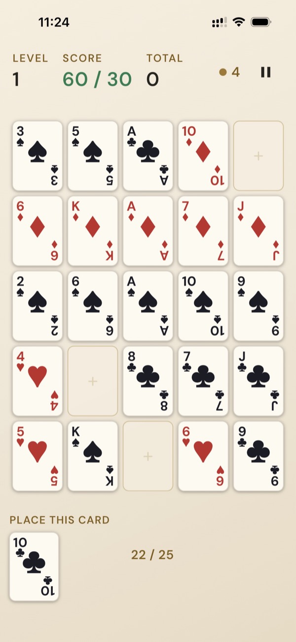 Placing cards on the 5×5 grid
