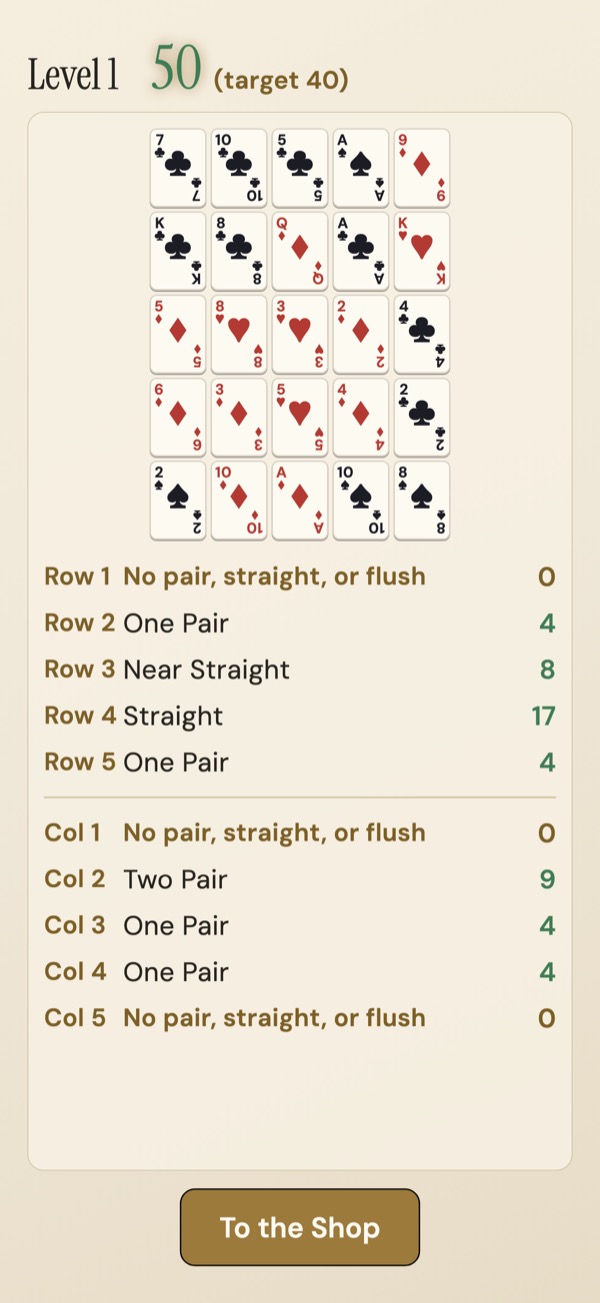 Level 1 scoring — each row and column scored as a poker hand